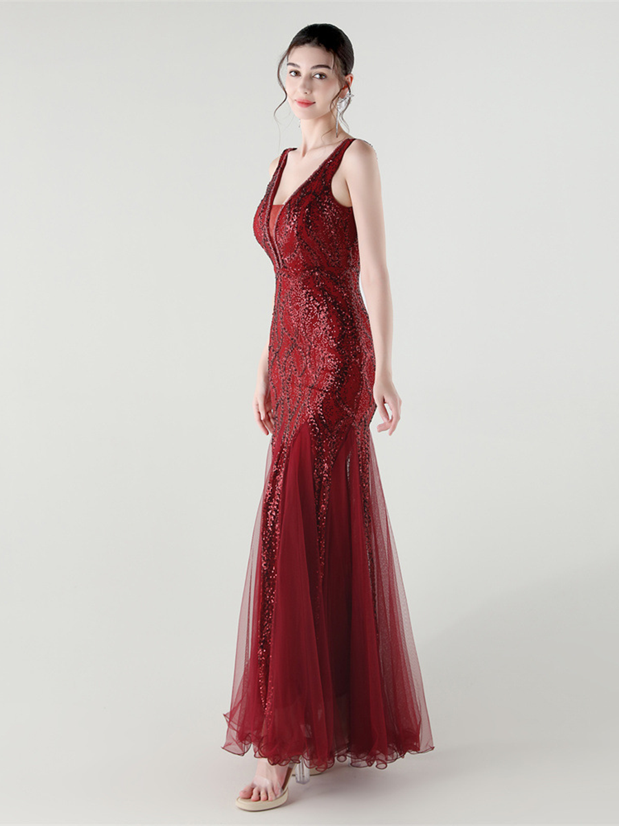 Indigo Payetli File Kolsuz Maxi Elbise