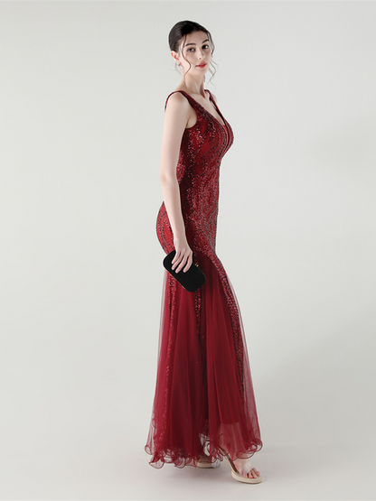 Indigo Payetli File Kolsuz Maxi Elbise