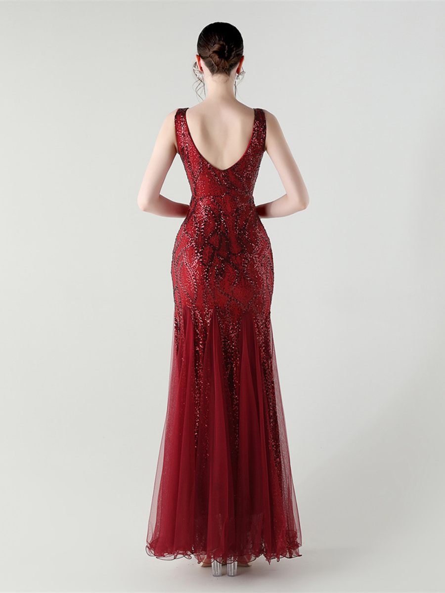 Indigo Payetli File Kolsuz Maxi Elbise