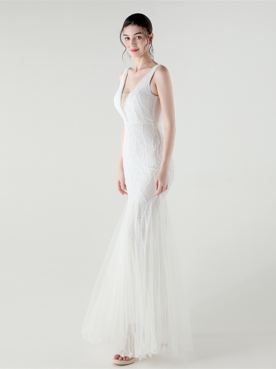 Indigo Payetli File Kolsuz Maxi Elbise