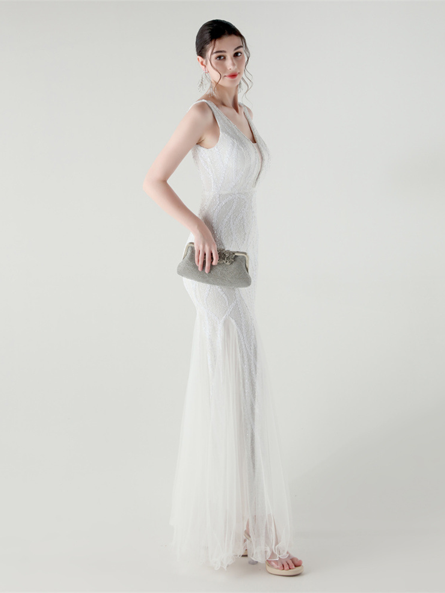 Indigo Payetli File Kolsuz Maxi Elbise