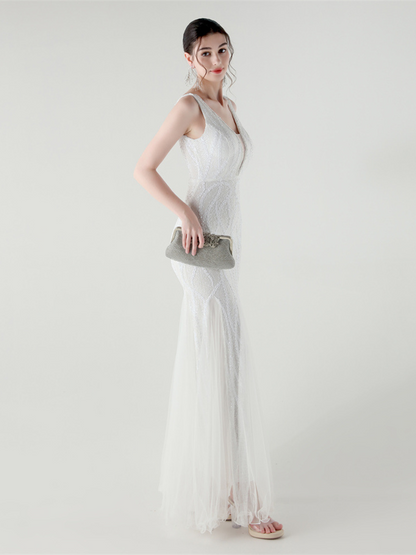 Indigo Payetli File Kolsuz Maxi Elbise