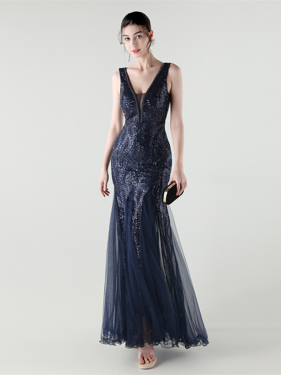 Indigo Payetli File Kolsuz Maxi Elbise