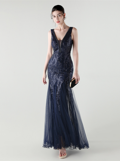 Indigo Payetli File Kolsuz Maxi Elbise