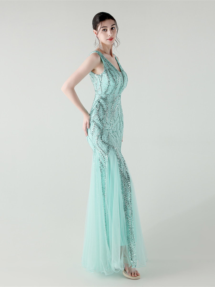 Indigo Payetli File Kolsuz Maxi Elbise