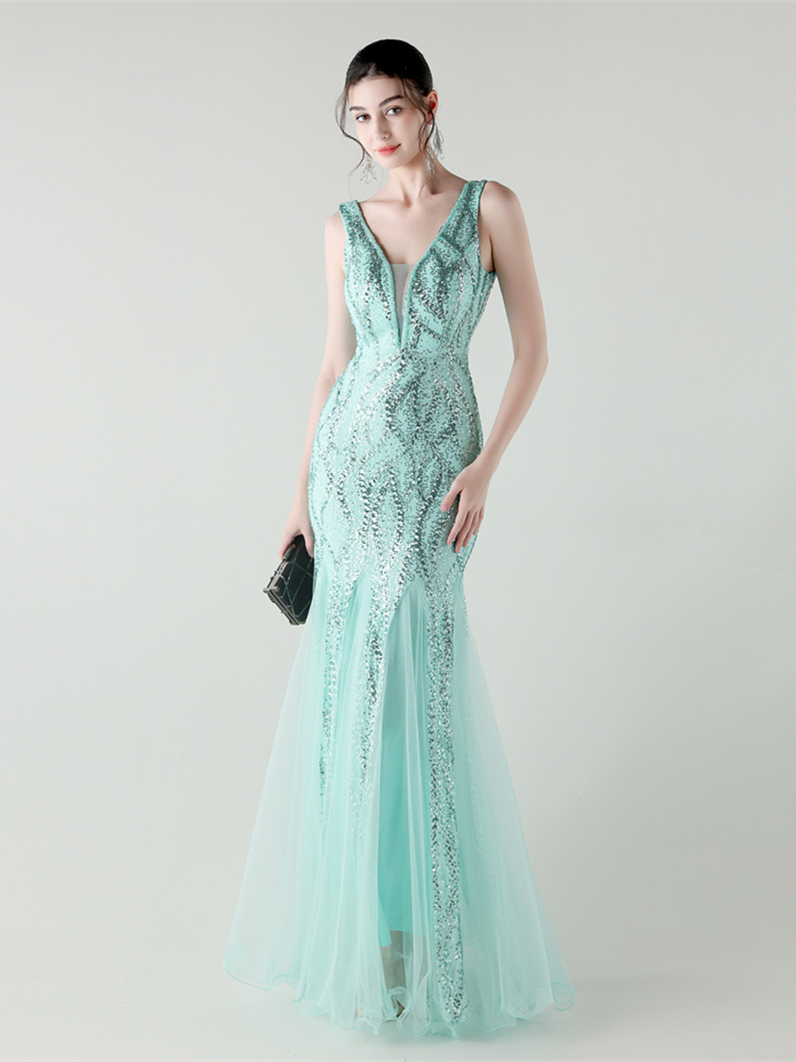 Indigo Payetli File Kolsuz Maxi Elbise