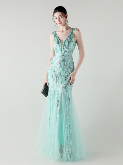 Indigo Payetli File Kolsuz Maxi Elbise