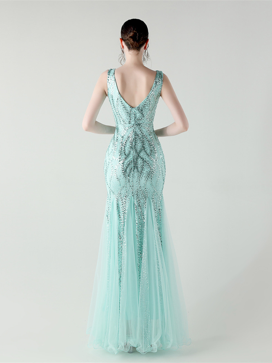 Indigo Payetli File Kolsuz Maxi Elbise