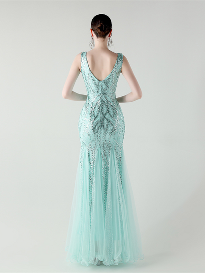 Indigo Payetli File Kolsuz Maxi Elbise