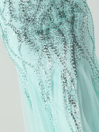 Indigo Payetli File Kolsuz Maxi Elbise