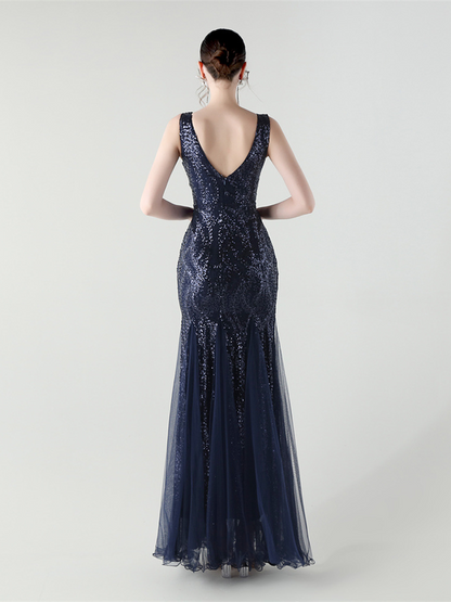 Indigo Payetli File Kolsuz Maxi Elbise