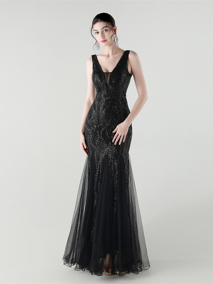 Indigo Payetli File Kolsuz Maxi Elbise