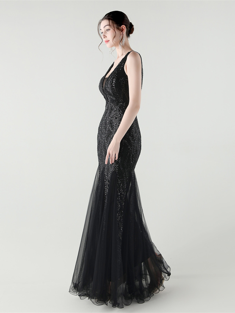 Indigo Payetli File Kolsuz Maxi Elbise