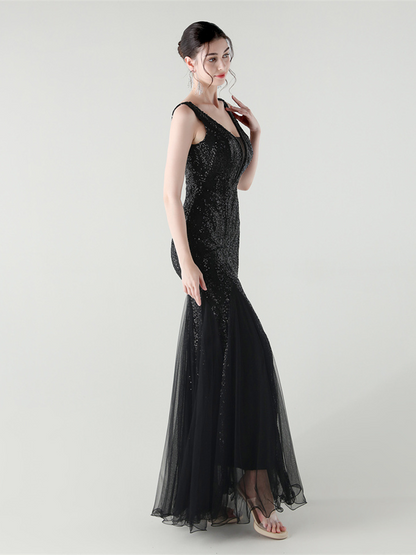 Indigo Payetli File Kolsuz Maxi Elbise