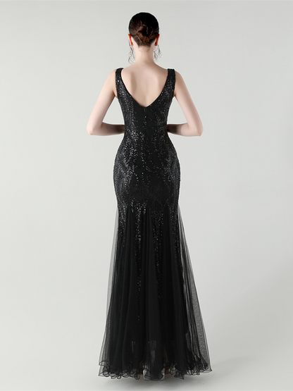 Indigo Payetli File Kolsuz Maxi Elbise