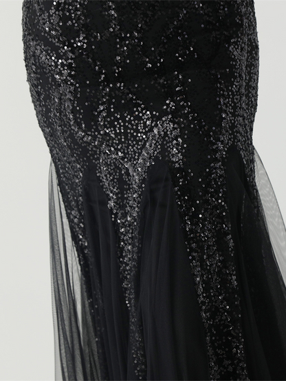 Indigo Payetli File Kolsuz Maxi Elbise