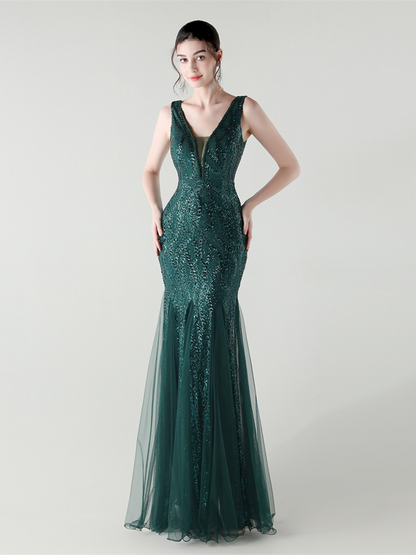 Indigo Payetli File Kolsuz Maxi Elbise