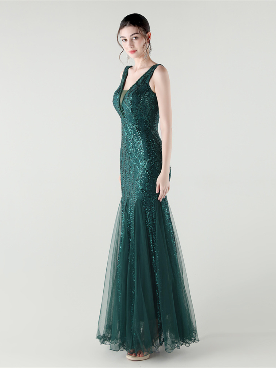 Indigo Payetli File Kolsuz Maxi Elbise