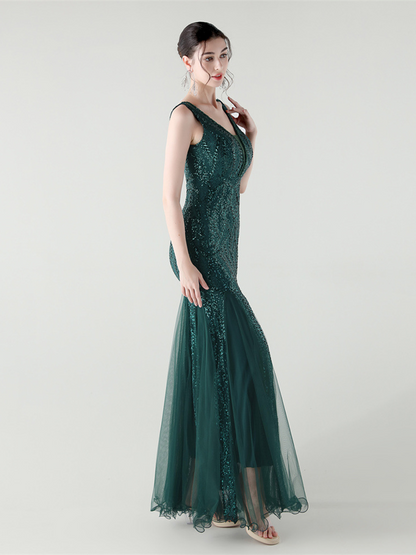 Indigo Payetli File Kolsuz Maxi Elbise