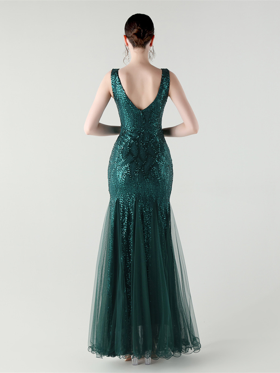 Indigo Payetli File Kolsuz Maxi Elbise