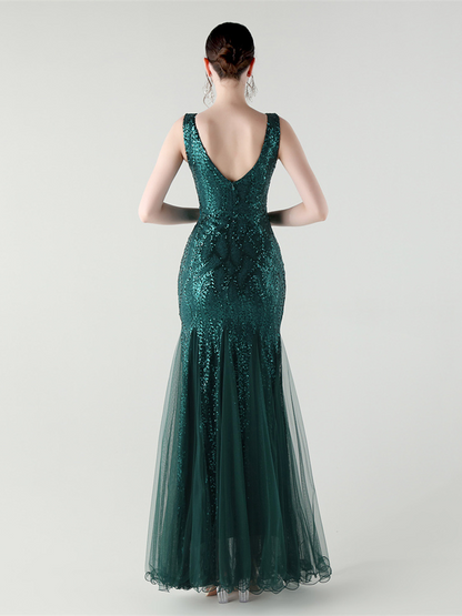 Indigo Payetli File Kolsuz Maxi Elbise