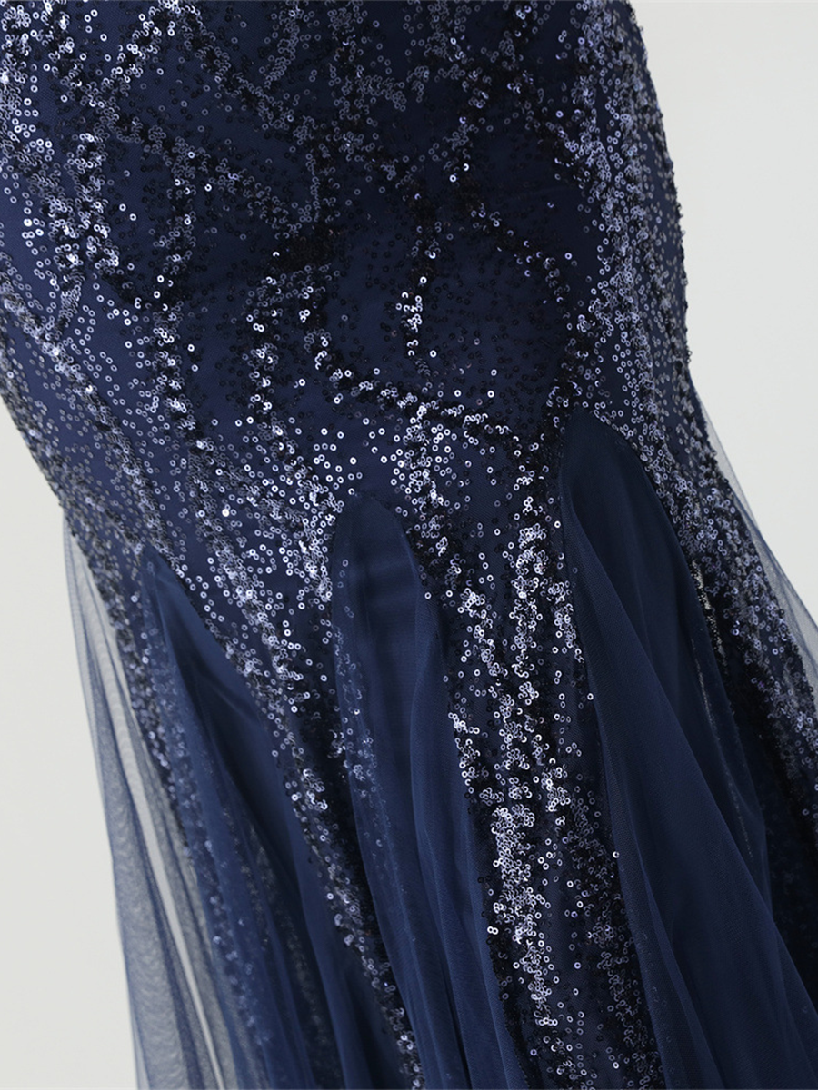 Indigo Payetli File Kolsuz Maxi Elbise