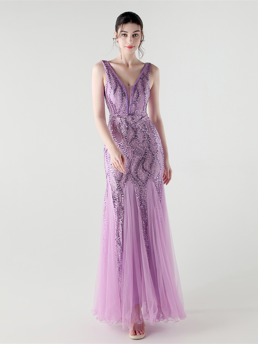 Indigo Payetli File Kolsuz Maxi Elbise