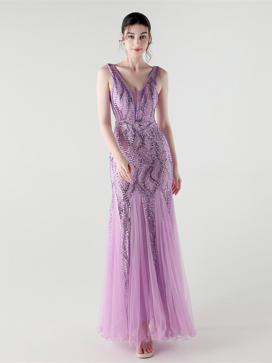 Indigo Payetli File Kolsuz Maxi Elbise