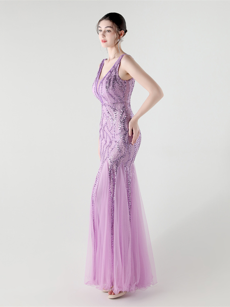 Indigo Payetli File Kolsuz Maxi Elbise