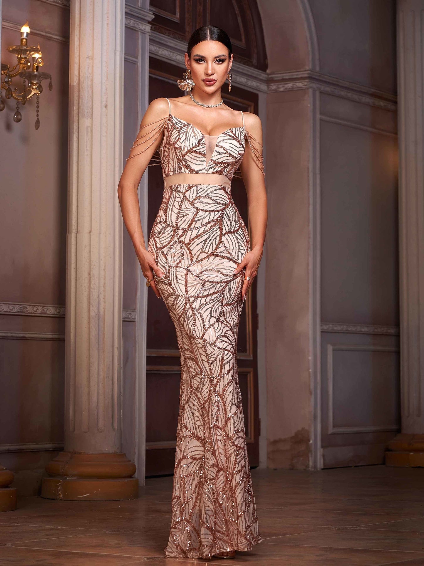 Saffron Payetli Grafik Desenli Maxi Elbise