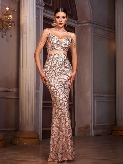 Saffron Payetli Grafik Desenli Maxi Elbise