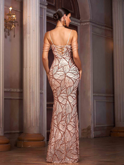 Saffron Payetli Grafik Desenli Maxi Elbise