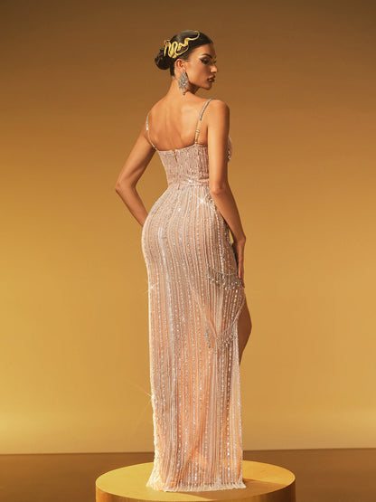 Haldrex Süslemeli Yırtmaçlı Maxi Elbise