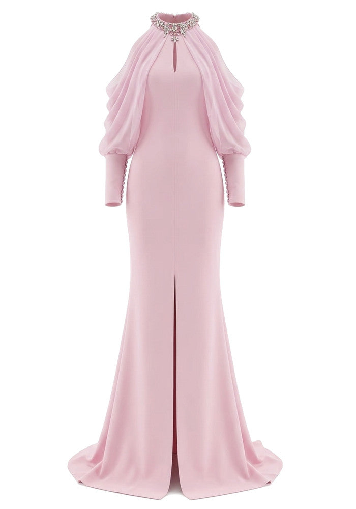 Askılı Kristal Detaylı Drapeli Pembe Maxi Elbise