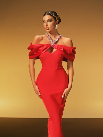 Hexelle Halterneck Kristal Bandaj Maxi Elbise