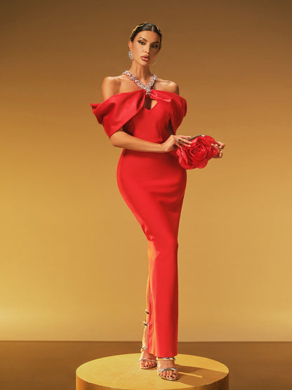 Hexelle Halterneck Kristal Bandaj Maxi Elbise