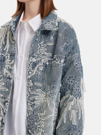 İşlemeli Dantel Denim Ceket