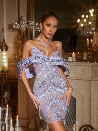 Jaimarie Kapalı Omuz Rhinestone Püsküllü Mini Elbise