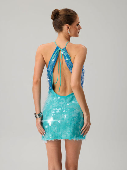 Jitterix Halter Yaka Kesimli Payetli Mini Elbise