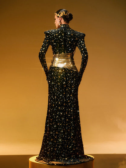 Jonson Siyah Süslemeli Yırtmaçlı Maxi Elbise