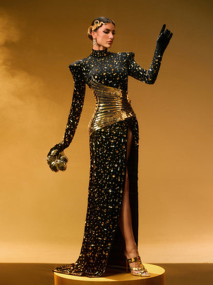 Jonson Siyah Süslemeli Yırtmaçlı Maxi Elbise