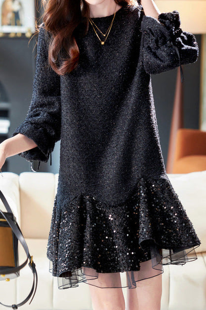 Mary Yuvarlak Yakalı File Mini Elbise