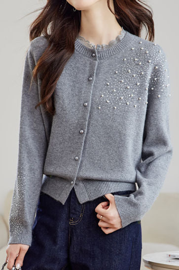 Dantel Süslü Bisiklet Yaka Boncuklu Hırka