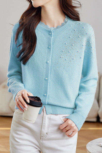 Dantel Süslü Bisiklet Yaka Boncuklu Hırka