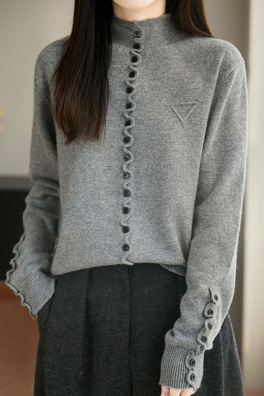 Minimalist Yüksek Yakalı Uzun Kollu Örgü Hırka