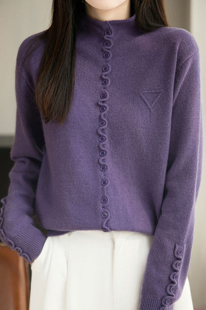 Minimalist Yüksek Yakalı Uzun Kollu Örgü Hırka