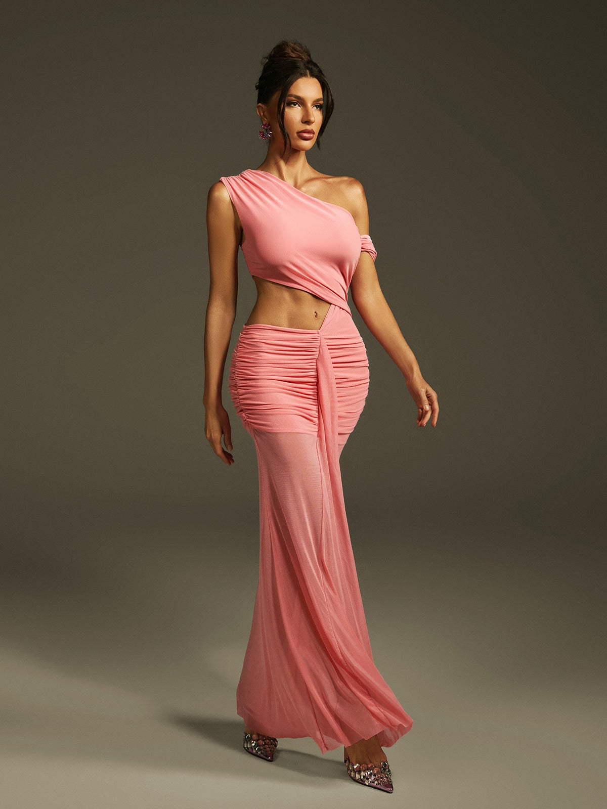 Lakia Kesimli Büzgülü File Maxi Elbise