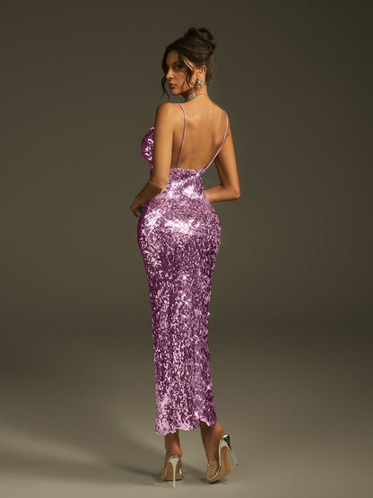 Laurie Spaghetti Sequin Midi Elbise, Mor