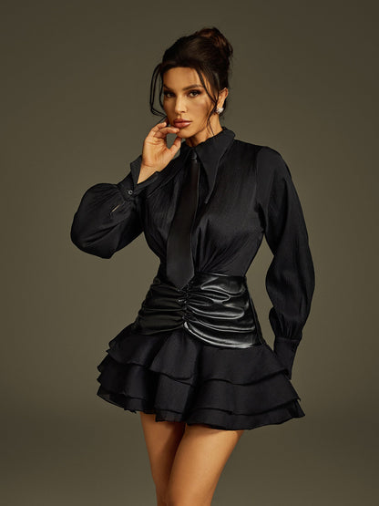 Lisandro Yaka Büzgülü Fırfırlı Mini Elbise