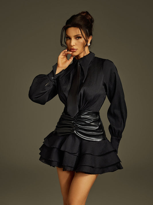 Lisandro Yaka Büzgülü Fırfırlı Mini Elbise